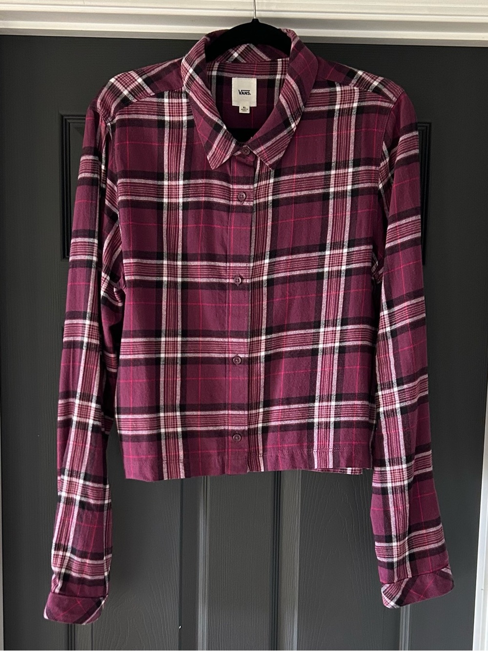 Vans Women’s XL Cropped Purple Plaid Button Up Flannel Shirt